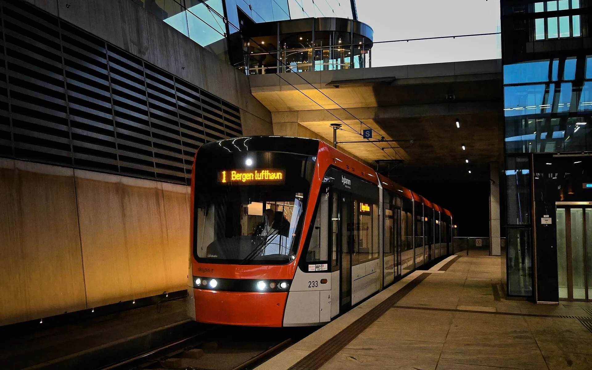 A Bybanen light rail tram at the Bergen lufthavn stop, Flesland