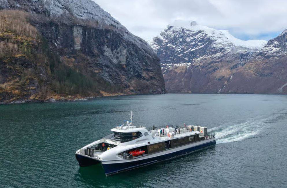 The Geirangerfjord seen from the water, the destination of the round-trip cruise from Ålesund.