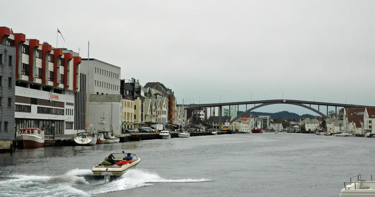 Smedasundet, the sound running through the centre of Haugesund, seen from Risøy bridge on the walk in from the cruise port.