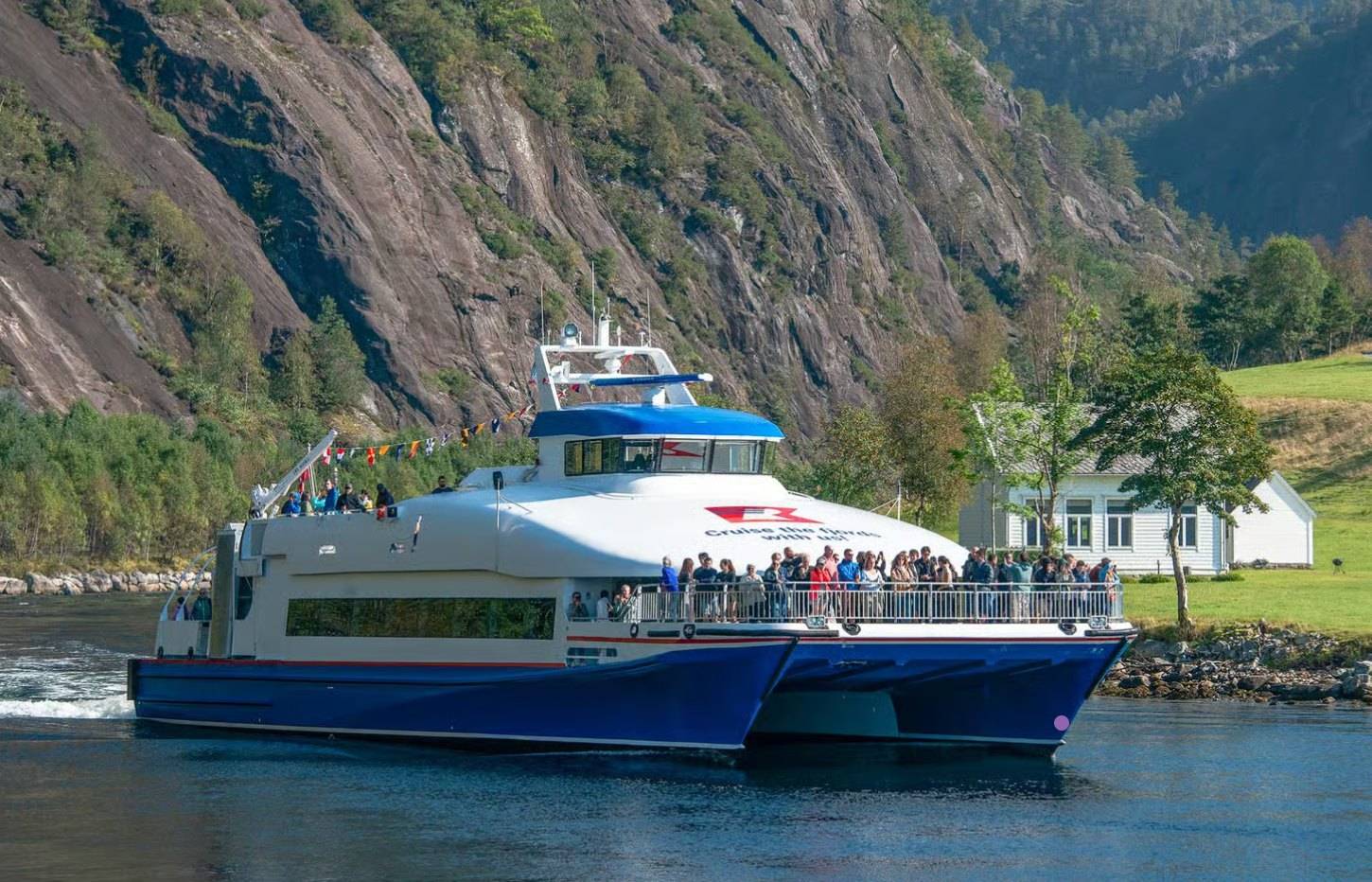 View from the Rødne fjord cruise on the Mostraumen narrows in the Osterfjord.