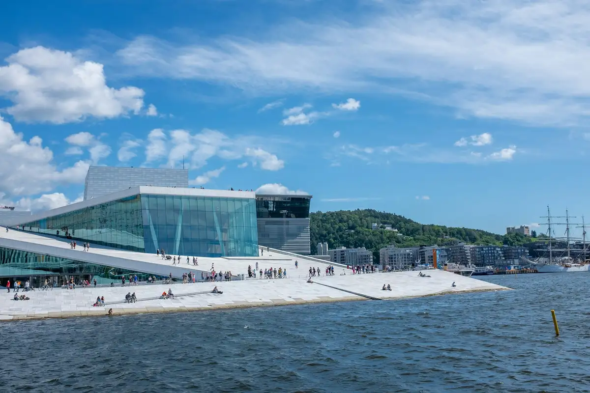 The Oslo Opera House at Bjørvika, across the water from the Revierkaia cruise quay.