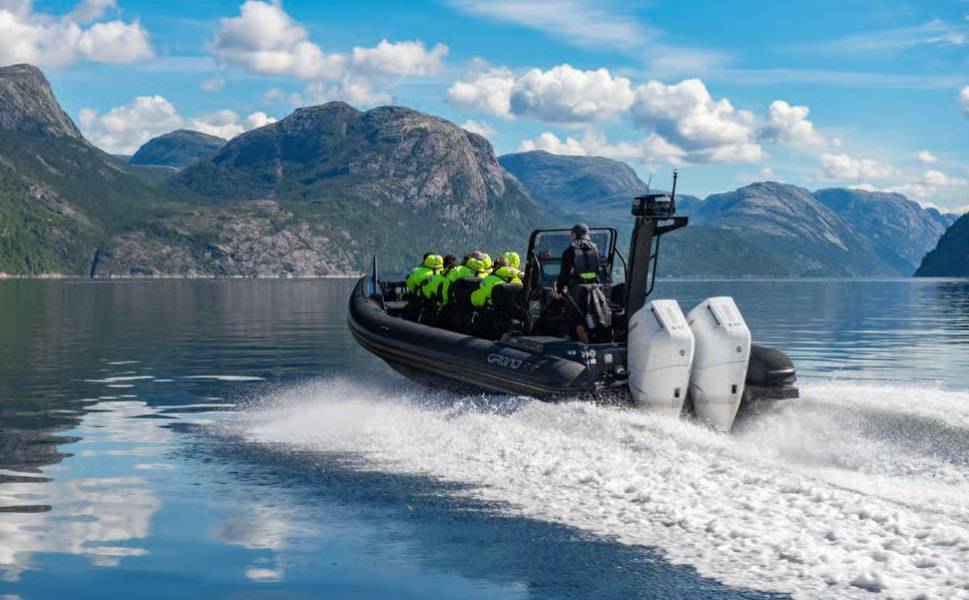FjordEvents RIB speeding into the Lysefjord below Pulpit Rock.